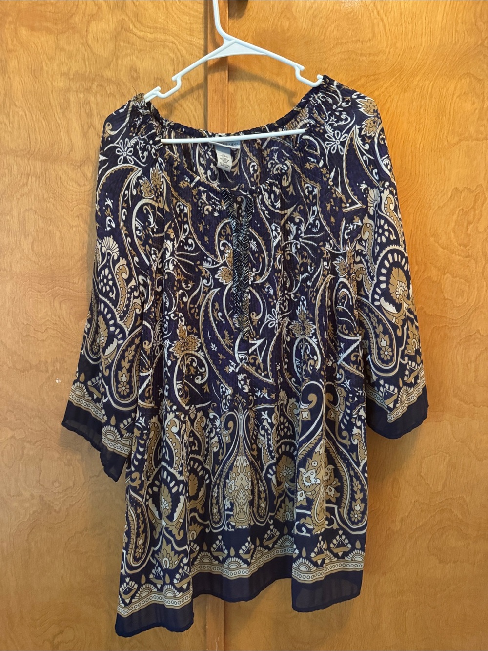 Catherines Navy and Tan Paisley Peasant Blouse